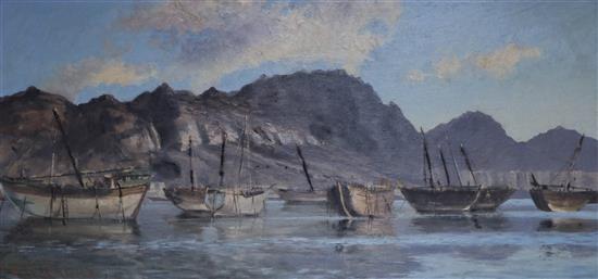 A* S* Alagily (20th century), oil on board, ships off Aden, signed and dated 66, 39 x 80cm